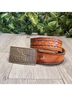 Colt Revolvers Belt Buckle With Hand Tooled Leather Belt Size 34